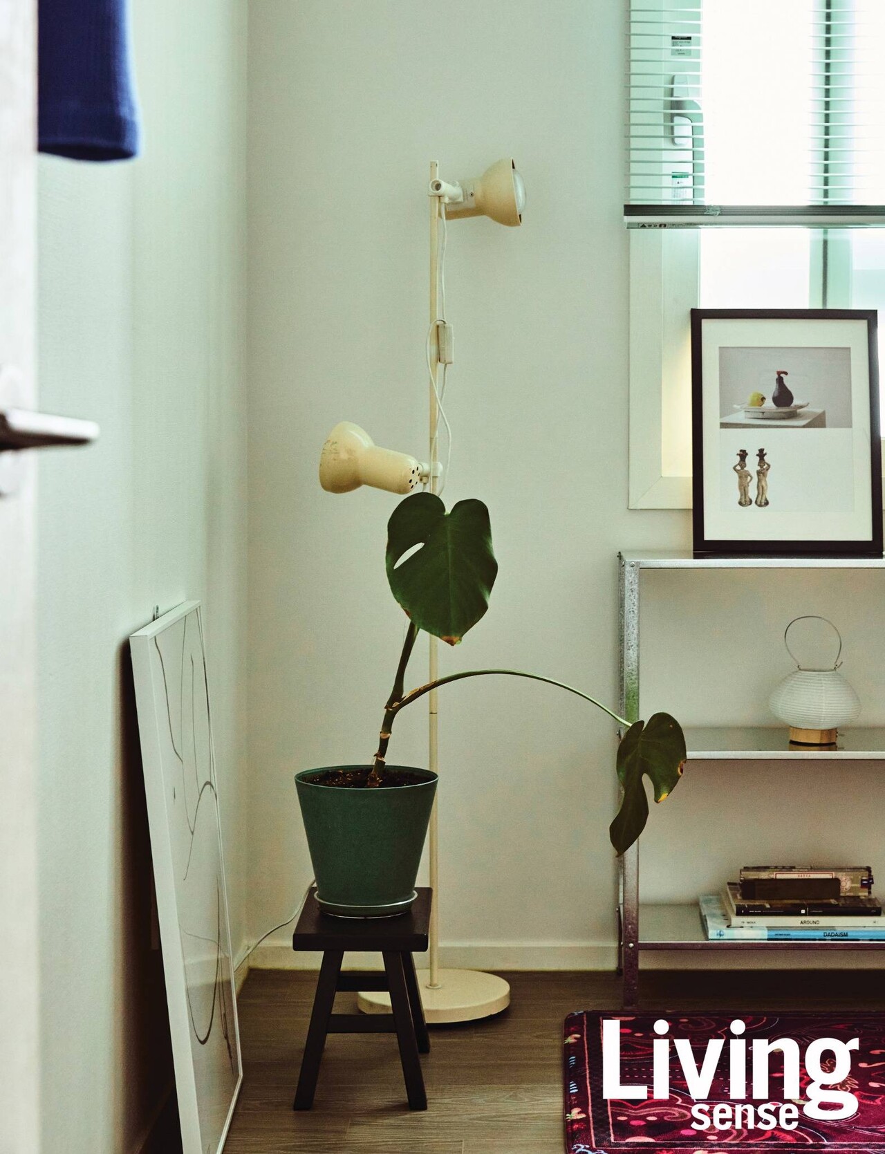 작업 방에는 결혼 전부터 사용하던 빈티지 조명을 식물과 함께 배치했다. 바닥에 둔 액자는 이우연 작가의 작품이다.